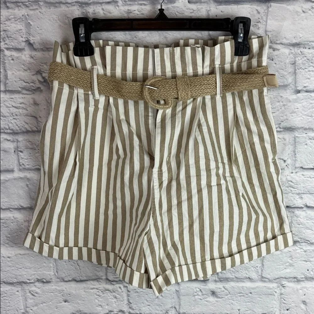 MINE Sanders Shorts Medium Women Brown White Striped Cotton Belted High Rise